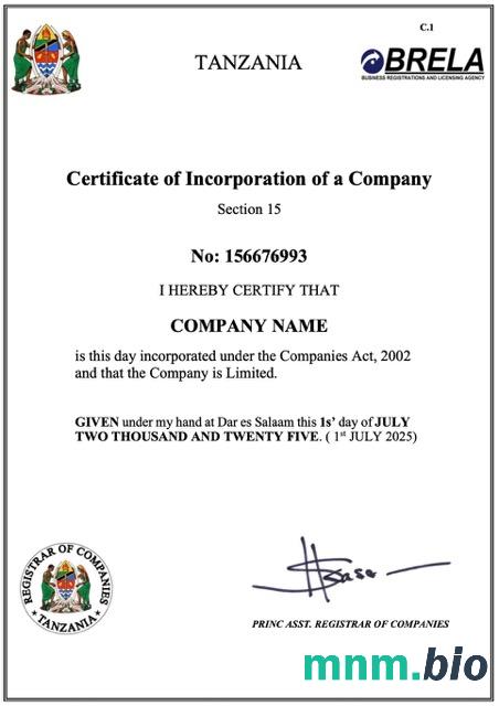 Tanzia vcertyfikat of company inkorporacja Word i szablon PDF